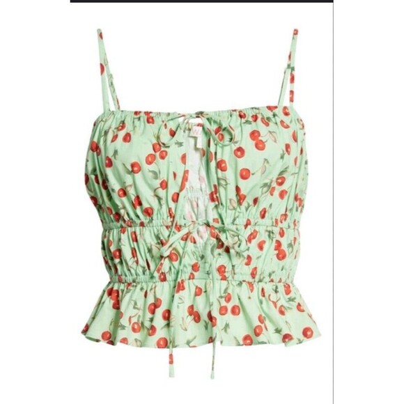 WAYF Cherries Green Camisole Top Elastic Trim Cotton Front Cut Out Ties Women S - Picture 12 of 12